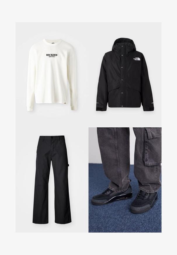 Crna izolirana jakna s kapuljačom, koja ima prednji zip, drukere i bijeli logo detalj na prsima. Tekstura tkanine.; Bijela dugotrajna majica s rebrastom teksturom s dugim rukavima koja ima crni logo "DICKIES" s natpisom "SINCE '22" ispod, okrugli ovratnik i manžete na rukavima.; Crne široke hlače izrađene od izdržljive tkanine. Imaju kopčanje na gumb i bočne džepove. Glatka tekstura s jednostavnim dizajnom.; Crne atletske cipele s teksturiranom površinom, glatkim detaljima i debelim potplatom, u paru s tamnim, širokim cargo hlačama.
