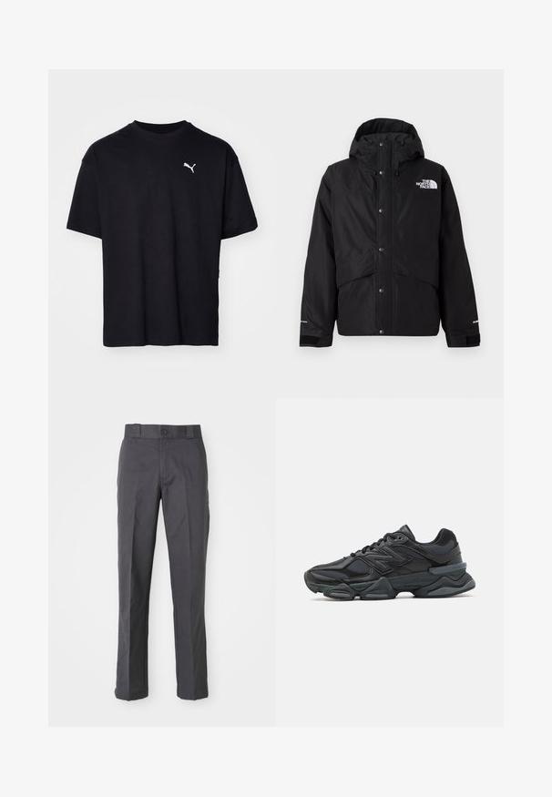 Melnā izolētā jaka ar kapuci, ar rāvējslēdzēja priekšpusi, spiedpogām un baltu logotipa detaļu krūšu daļā. Tekstūrēta auduma.; Melnas kokvilnas t-krekls ar īsām piedurknēm, apaļu kakla izgriezumu un baltu Puma logo augšējā kreisajā krūšu daļā. Klasiska silueta, gluda tekstūra.; Tumši pelēki bikses, kas izgatavotas no kokvilnas auduma maisījuma, ar taisnām kājām, priekšējām kabatām un pogu aizdari jostasvietā.; Melna skriešanas apavi ar jauktu acu audumu un sintētiskiem materiāliem, masīvu zoli, izliekta dizaina elementiem un izteiktu zīmola logotipu uz sāniem.