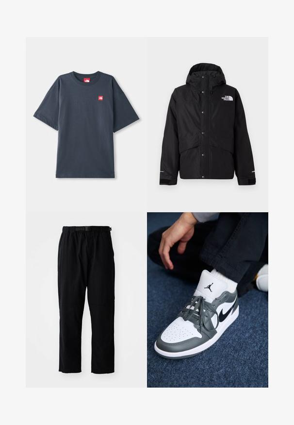Črna izolirana jakna s kapuco, ki ima zadrgo spredaj, pritisne gumbe in belo logotipno podrobnost na prsih. Tekstuirana tkanina.; Temno mornarsko modra kratka majica iz bombaža z rdečim logotipom na levem prsnem delu in klasičnim okroglim izrezom.; Črne, lahke hlače sproščenega kroja, ki imajo pas z zaponko, ojačane predelke na kolenih in ravne noge.; Tenis Nike Air Jordan 1 v usnjeni kombinaciji bele in sive, z značko v črni barvi, perforiranim prstom in ravnimi sivimi vezalkami.