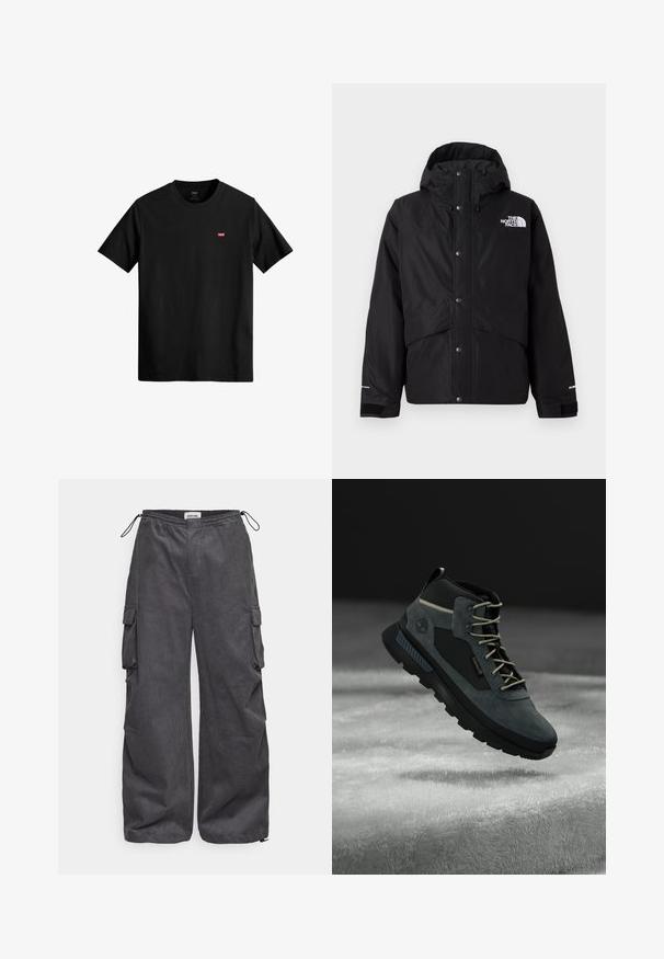 Chaqueta aislante negra con capucha, que presenta un cierre de cremallera frontal, botones a presión y un detalle de logo blanco en el pecho. Tejido texturizado.; Camiseta de algodón negra con cuello redondo, mangas cortas y un pequeño logo rojo de Levi's en el lado izquierdo del pecho. Diseño ligero y sencillo.; Pantalones cargo grises con una tela texturizada, cinturilla elástica, cordón y detalles en los bolsillos laterales. Ajuste holgado con piernas anchas.; Botas de senderismo gris oscuro que combinan materiales de ante y sintéticos, con un cuello acolchado, cordones beige y una suela de goma resistente para mayor agarre.
