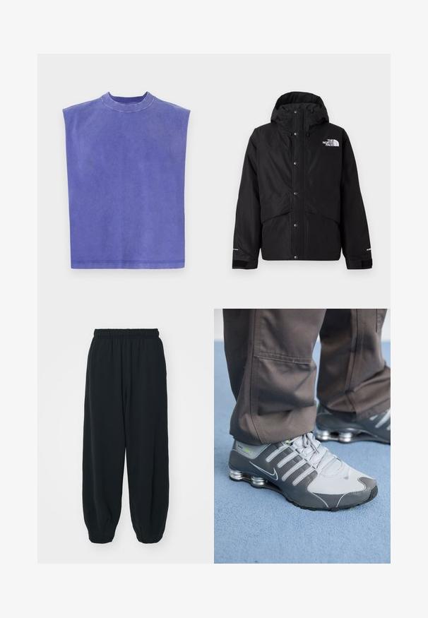 Black insulated jacket with a hood, featuring a zip front, snap buttons, and white logo detail on the chest. Textured fabric.; Purple sleeveless top made of soft cotton. Features a round neck and a relaxed fit, with a slightly faded texture and clean hem.; Black, elasticated-waist sweatpants with a loose fit, cuffed ankles, smooth texture, and no visible patterns or hardware accents.; Gray and silver Nike Shox sneakers feature a sleek design, with mesh and synthetic materials, a rounded toe, and a padded collar.