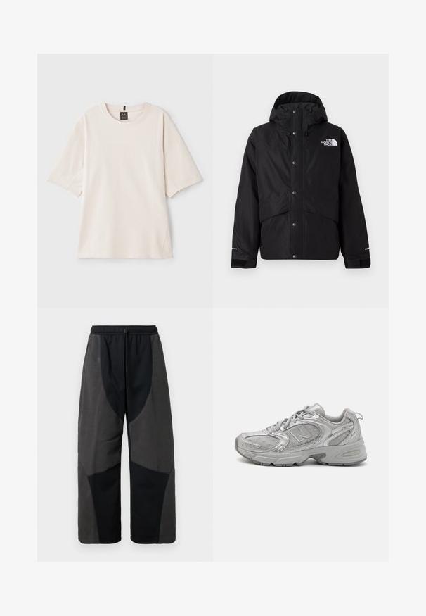 Black insulated jacket with a hood, featuring a zip front, snap buttons, and white logo detail on the chest. Textured fabric.; Light beige t-shirt made of soft cotton. Features a round neck, short sleeves, and a relaxed fit with side seam detailing.; Fleece-accented black pants with a relaxed fit, featuring contrasting dark gray fabric panels and an adjustable drawstring waistband.; Silver athletic shoe with a sleek design, mesh panels, padded tongue, textured synthetic upper, and rubber outsole for traction.