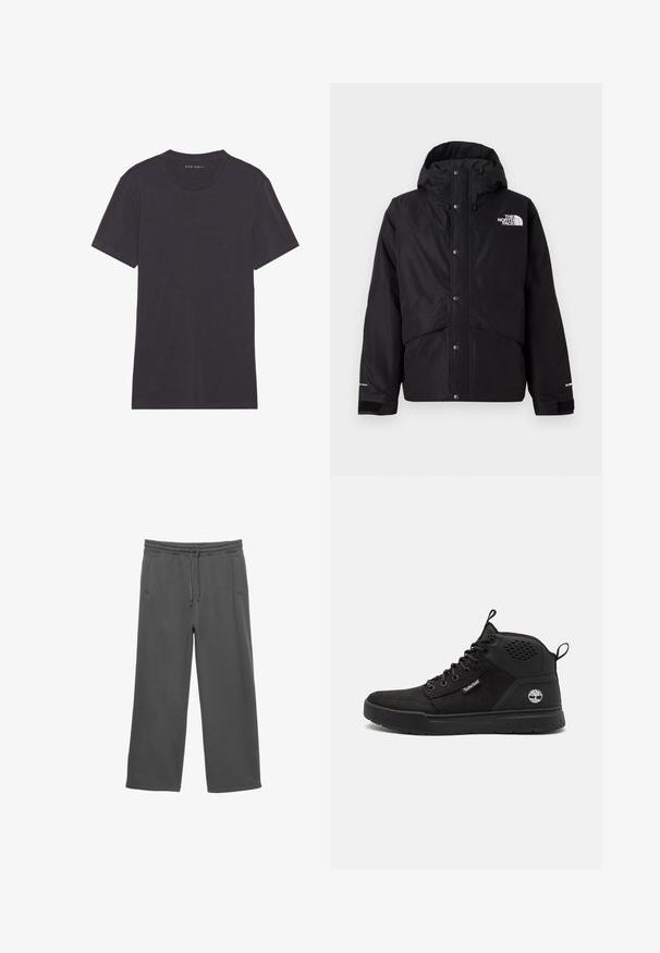 Fekete szigetelt dzseki kapucnival, elülső cipzárral, patentgombokkal és fehér logóval a mellrészen. Texturált anyag.; Sötét szürke, rövid ujjú póló, puha, sima anyagból. Kerek nyakkivágás, tiszta varrásokkal, díszítések vagy minták nélkül.; Sötétszürke, bő szárú melegítőnadrág, elasztikus derékkal, húzózsinórral és két oldalsó zsebbel, fehér háttér előtt bemutatva.; Fekete magas szárú cipők, amelyeket velúr és szintetikus anyagok kombinációja jellemez, fűzős kialakítással, gumitalppal és egy logóval az oldalon.