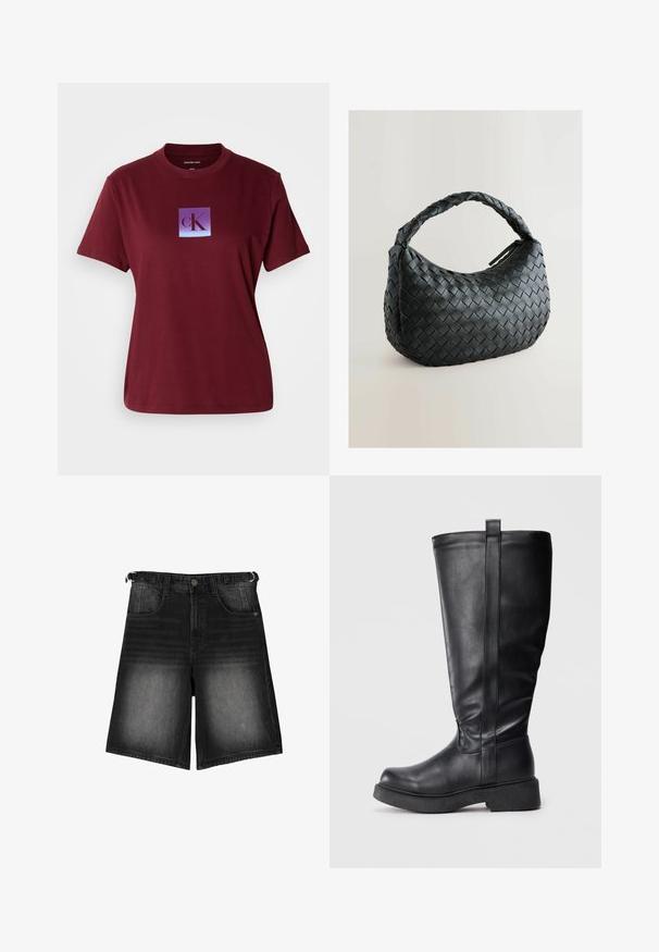 Sort cropped puffer jakke lavet af glat læder, med høj krave, frontlynlås og puffede quiltede sektioner.; 10DAYS LOGO - Sweatshirt - pastel yellow; Mørkerød bomulds T-shirt med et firkantet logo, der har en gradient fra lilla til blå baggrund og bogstaverne "cK" i mørklilla.; Sorte denim shorts med en falmet finish, fem lommer, knaplukning og bæltestropper. Stoffet har en glat overflade.; Sorte knæhøje støvler lavet af glat læder med en flad sål, der har en sidesøm og en lille løftestrop øverst for nem påtagning.; Sort vævet håndtaske med en rund form, struktureret overflade og et tykt fletgreb. Har en lynlås til sikker opbevaring.