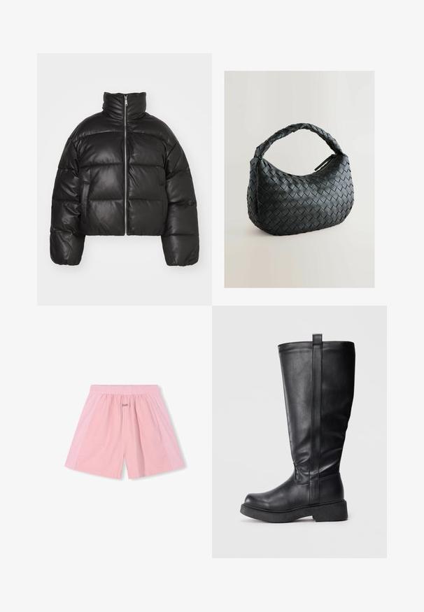 Black cropped puffer jacket made of smooth leather, featuring a high collar, front zipper, and puffed quilted sections.; 10DAYS LOGO - Sweatshirt - pastel yellow; 10DAYS BERMUDA - Shorts - bright raspberry; Black knee-high boots made of smooth leather with a flat sole, featuring a side seam and a small pull tab at the top for easy wear.; Black woven handbag with a rounded shape, textured surface, and a thick braided handle. Features a zip closure for secure storage.