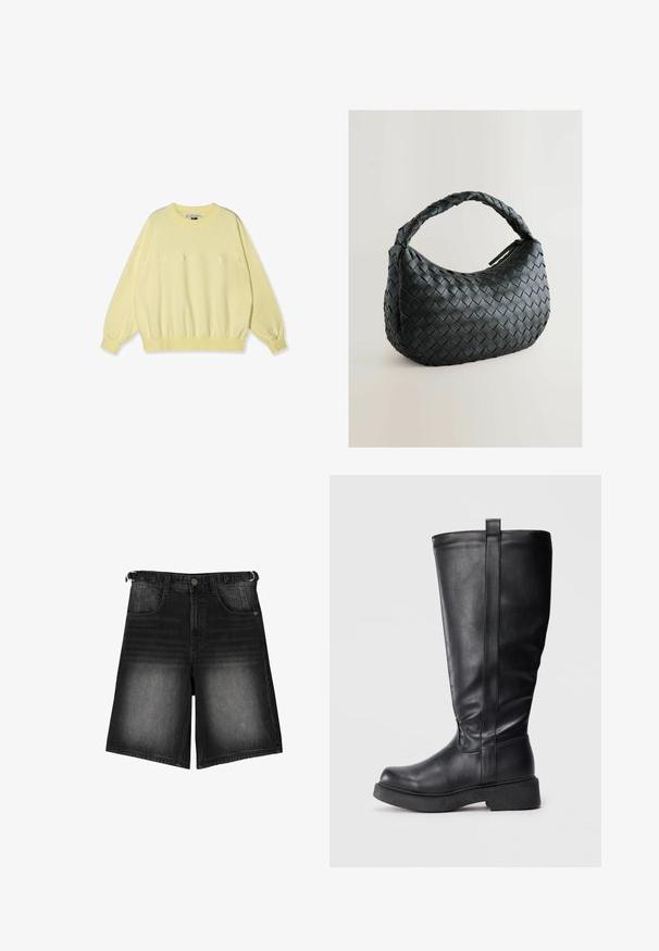 Giacca a vento nera cropped in pelle liscia, con colletto alto, zip frontale e sezioni trapuntate gonfie.; 10DAYS LOGO - Felpa - pastel yellow; Shorts in denim nero con una finitura scolorita, cinque tasche, chiusura con bottone e passanti per cintura. Il tessuto ha una consistenza liscia.; Stivali neri al ginocchio realizzati in morbida pelle con suola piatta, dotati di una cucitura laterale e di una piccola linguetta nella parte superiore per una facile indossabilità.; Borsa a tracolla nera intrecciata con forma arrotondata, superficie testurizzata e una robusta maniglia intrecciata. Dotata di chiusura con zip per una conservazione sicura.