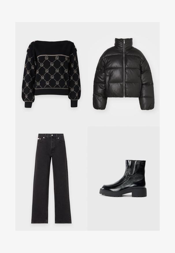 Schwarze, kurze Puffjacke aus glattem Leder mit hohem Kragen, Frontreißverschluss und gepufften, gesteppten Bereichen.; LIU JO Strickpullover - nero; Schwarze weit geschnittene Jeans aus Denim mit einem hoch sitzenden Bund, fünf Taschen und einem Metallknopfverschluss mit kontrastierendem Nähte.; Schwarze Knöchelstiefel mit glänzender Lackleder-Oberfläche, einer kräftigen gummierten schwarzen Sohle und Absatz; mit dezentem Logodetail an der Seite.
