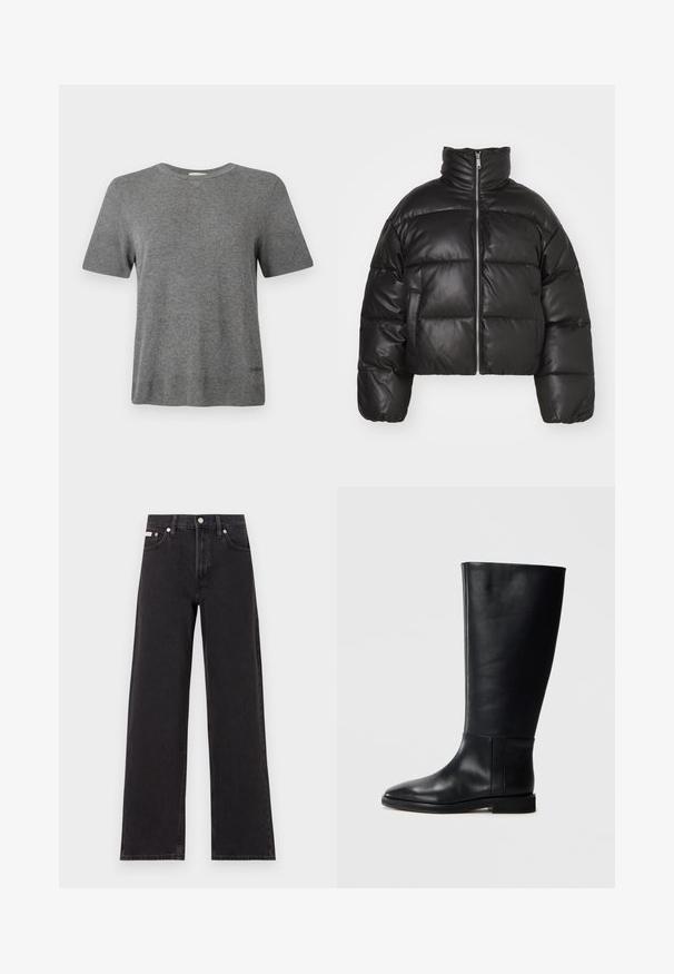 Svart cropped puffer-jakke laget av glatt lær, med høy krage, frontglidelås og puffede quiltede seksjoner.; Grå strikket T-skjorte med korte ermer, rund halslinje og en jevn tekstur. Har minimal merking nær sømmen. Enkel, klassisk design.; Svart bredbente jeans laget av denim, med høy livvidde, fem lommer, og metallknapp med kontrasterende søm.; Sorte skinnhøye støvler med rund tå, glatt tekstur, minimalistisk design og flat såle. Enkle sømdetaljer på skaftet.