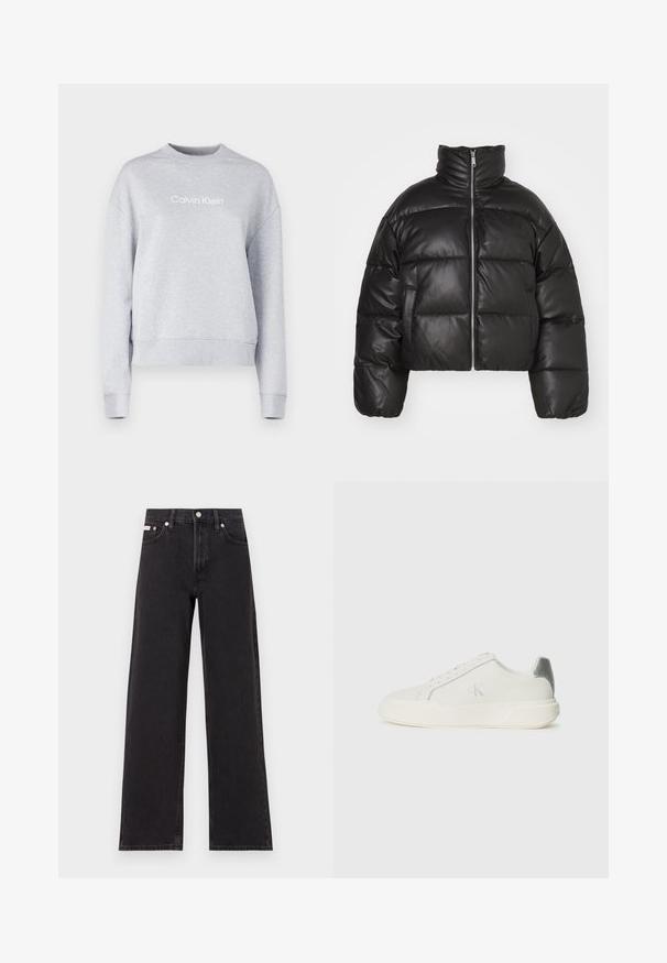 Chaqueta corta de plumón negra hecha de cuero suave, con cuello alto, cremallera frontal y secciones acolchadas y abultadas.; Calvin Klein HERO LOGO - Sudadera - light grey heather; Jeans anchos de mezclilla negros, con cintura alta, cinco bolsillos y cierre de botón metálico con costuras contrastantes.; Zapatilla blanca de cuero con textura suave, que presenta un acento plateado en el talón, suela plana y un diseño minimalista.