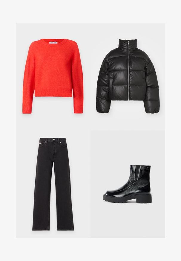 Crna skraćena puffer jakna od glatke kože, s visokim ovratnikom, prednjim zatvaračem i nabranim, quilted dijelovima.; Crvena, skraćena puloverica od mekog materijala. Okrogli izrez, duge rukave i rebrasti detalj na rubovima. Blago teksturirana površina.; Crne široke traperice od denima, s visokim strukom, pet džepova i metalnim zatvaranjem s kontrastnim šavovima.; Crne gležnjače s sjajnim lakiranim završetkom, debelim crnim gumastim potplatima i povišenim potpeticama; uključuju suptilan detalj loga sa strane.