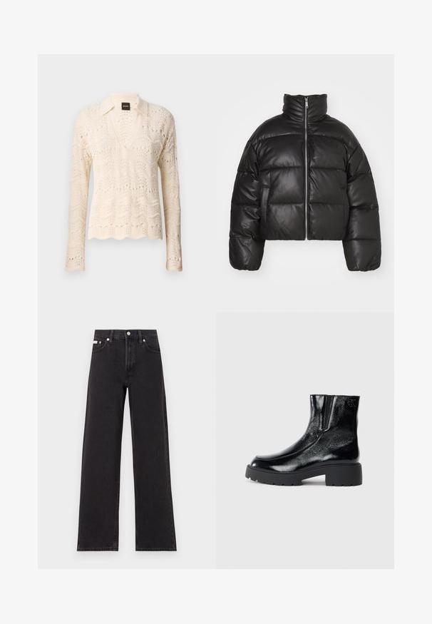 Schwarze, kurze Puffjacke aus glattem Leder mit hohem Kragen, Frontreißverschluss und gepufften, gesteppten Bereichen.; Strickpullover in Creme mit gewelltem Saum, V-Ausschnitt und langen Ärmeln, die mit einem zarten Wellenmuster und durchbrochenen Details ausgestattet sind.; Schwarze weit geschnittene Jeans aus Denim mit einem hoch sitzenden Bund, fünf Taschen und einem Metallknopfverschluss mit kontrastierendem Nähte.; Schwarze Knöchelstiefel mit glänzender Lackleder-Oberfläche, einer kräftigen gummierten schwarzen Sohle und Absatz; mit dezentem Logodetail an der Seite.