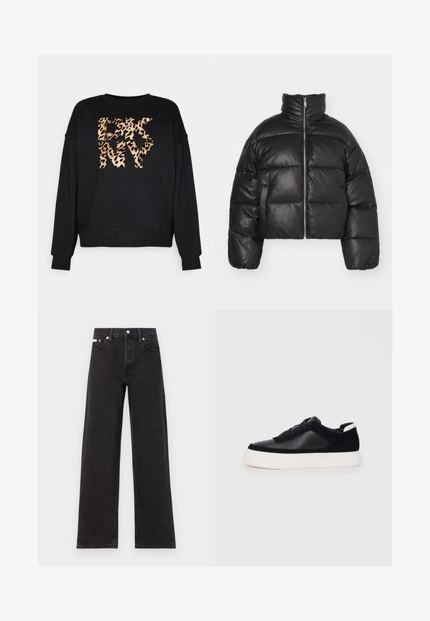 Černá zkrácená péřová bunda vyrobená z hladké kůže, s vysokým límcem, předním zipem a vypolstrovanými prošívanými částmi.; Černá mikina s velkým logem "DKNY" v designu leopardího potisku. Materiál je hladký, má volný střih a žebrované manžety.; Černé široké jeansy vyrobené z denimu, s vysokým pasem, pěti kapsami a kovovým zapínáním s kontrastním prošíváním.; Černé sneakersy s hladkou kůží a semišovými panely, plochými šňůrkami, zaoblenou špičkou a bílou gumovou podrážkou. Výrazné logo na patě.