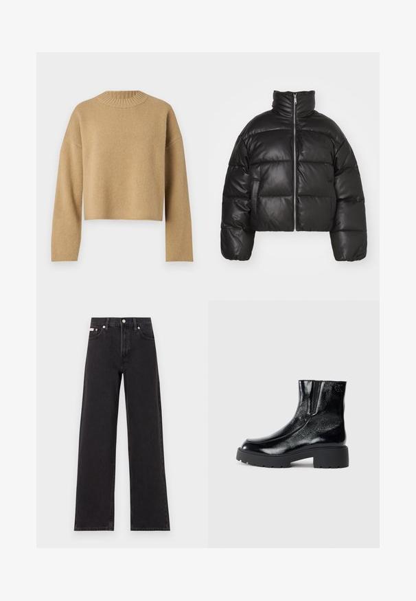 Giacca a vento nera cropped in pelle liscia, con colletto alto, zip frontale e sezioni trapuntate gonfie.; Maglione cropped beige con un motivo a maglia texturizzato, scollatura rotonda a costine e maniche lunghe. Design semplice senza ulteriori motivi o accessori.; Jeans neri a gamba larga in denim, con vita alta, styling a cinque tasche e chiusura con bottone metallico e cuciture a contrasto.; Stivali neri alla caviglia con una finitura in pelle laccata lucida, suola in gomma nera spessa e tacco rialzato; include un discreto dettaglio del logo sul lato.