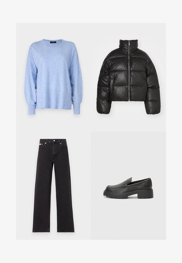 Veste puffer noire courte en cuir lisse, avec un col montant, une fermeture éclair sur le devant et des sections matelassées gonflées.; Pull en tricot bleu clair avec un col rond, un ourlet côtelé et de longues manches légèrement bouffantes. Texture douce avec un motif chiné.; Jeans noirs à jambes larges en denim, avec une taille haute, une coupe à cinq poches et une fermeture à bouton en métal avec des coutures contrastantes.; Mocassins en cuir noir avec un bout arrondi, une semelle épaisse et texturée, et des détails de couture minimalistes. Design épuré sans lacets ni métal visibles.