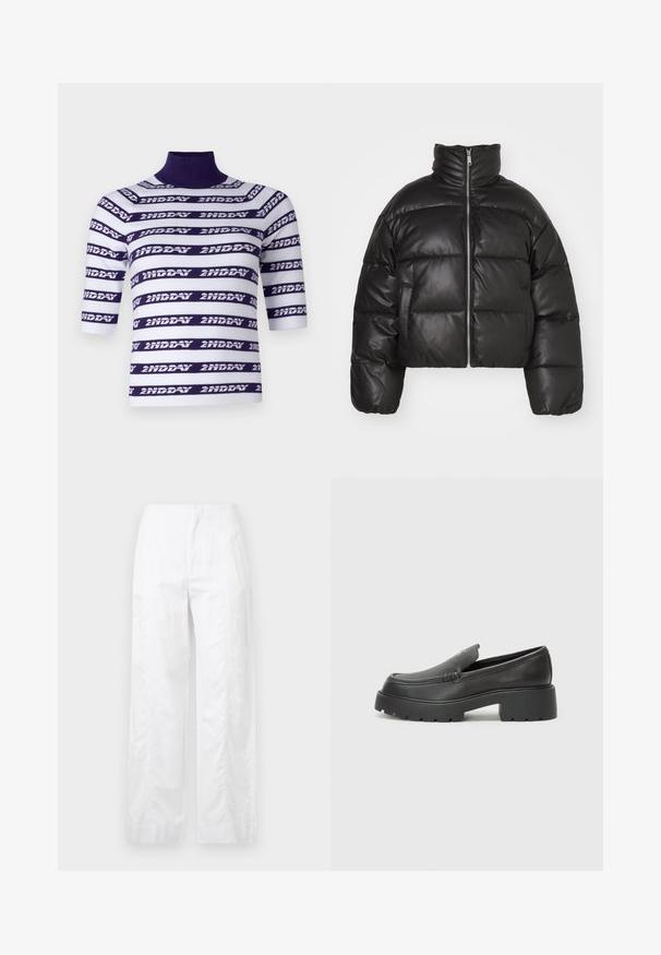 Must must kaelus, esitatud sileda nahast, millel on lukk ees ja puffitatud tikitud sektsioonid.; Kootud lühikeste varrukatega topp, millel on kõrge kaelus, horisontaalsed valged ja lillad triibud ning kiri "2ND DAY."; Valged laiad püksid, mis on valmistatud kergetest materjalidest, omades siledat tekstuuri, puhtaid jooni ja kõrget vöökohta.; Mustad nahast loafers ümarate varvastega, paksu tekstuuriga tald ja minimaalsete õmbluse detailidega. Viimistletud disain, kus pole nähtavaid paelu ega riistu.