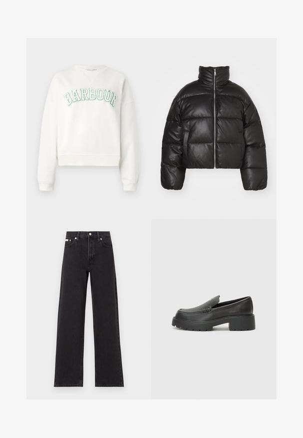 Black cropped puffer jacket made of smooth leather, featuring a high collar, front zipper, and puffed quilted sections.; White cropped sweatshirt with crew neckline and long sleeves. Features "BARBOUR" text in green embroidery across the front. Soft texture.; Black wide-leg jeans made of denim, featuring a high-rise waist, five-pocket styling, and a metal button closure with contrasting stitching.; Black leather loafers with a rounded toe, thick textured sole, and minimal stitching details. Sleek design with no visible laces or hardware.