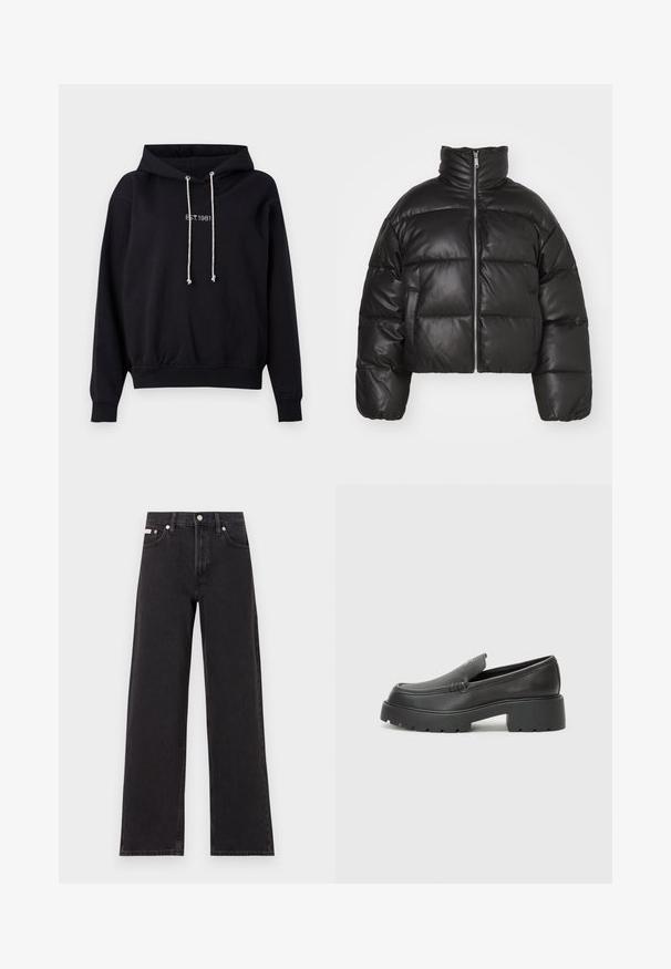 Czarna krótka kurtka pufowa z gładkiej skóry, z wysokim kołnierzem, przednim zamkiem błyskawicznym i wypchanymi, pikowanymi sekcjami.; Czarna bluza z kapturem wykonana z bawełny, z kapturem ze sznurkiem, ściągaczami przy rękawach i u dołu. Na klatce piersiowej widnieje biała, haftowana napis "EST. 1981".; Czarne dżinsy o szerokich nogawkach, wykonane z denimu, z wysokim stanem, pięcioma kieszeniami oraz metalowym zapięciem z kontrastowym szwem.; Czarne skórzane mokasyny z zaokrąglonym noskiem, grubą fakturowaną podeszwą oraz minimalnymi detalami szycia. Elegancki design bez widocznych sznurowadeł czy elementów metalowych.