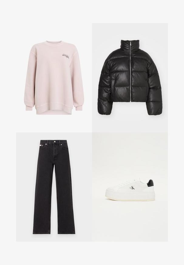 Czarna krótka kurtka pufowa z gładkiej skóry, z wysokim kołnierzem, przednim zamkiem błyskawicznym i wypchanymi, pikowanymi sekcjami.; Jasnoróżowa bluza z miękkiego materiału. Posiada okrągły dekolt, długie rękawy i logo na lewej piersi. Luźny krój.; Czarne dżinsy o szerokich nogawkach, wykonane z denimu, z wysokim stanem, pięcioma kieszeniami oraz metalowym zapięciem z kontrastowym szwem.; Białe trampki na platformie z teksturowanej skóry, z czarnym akcentem na pięcie i czarnym logo "ck" po boku. Gruba gumowa podeszwa.