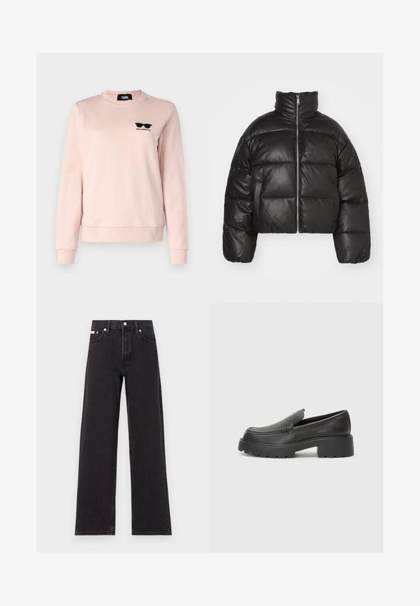 Μαύρο κοντό μπουφάν από λείο δέρμα, με ψηλό γιακά, μπροστινό φερμουάρ και φουσκωτά καπιτονέ τμήματα.; KARL LAGERFELD OVERSIZED EMBROIDERED SUNGLASSES - Φούτερ - rose smoke; Μαύρο τζιν παντελόνι φαρδιάς γραμμής από τζιν, με ψηλή μέση, πέντε τσέπες και κούμπωμα με μεταλλικό κουμπί, καθώς και αντίθετη ραφή.; Μαύρα δερμάτινα loafers με στρογγυλή μύτη, χοντρή υφή σόλας και ελάχιστες ραφές. Κομψός σχεδιασμός χωρίς ορατά κορδόνια ή μεταλλικά στοιχεία.