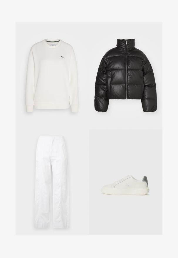 Crna skraćena puffer jakna od glatke kože, s visokim ovratnikom, prednjim zatvaračem i nabranim, quilted dijelovima.; Bijela pamučna dukserica s rebrastim manžetama i donjim rubom. Ima okrugli izrez i zelenu Lacoste oznaku na ovratniku. Klasičan kroj.; Bijele široke hlače od laganog materijala, s glatkom teksturom, čistim linijama i visokim strukom.; Bijela tenisica od kože s glatkom teksturom, koja ima srebrni naglasak na peti, ravni đon i minimalistički dizajn.