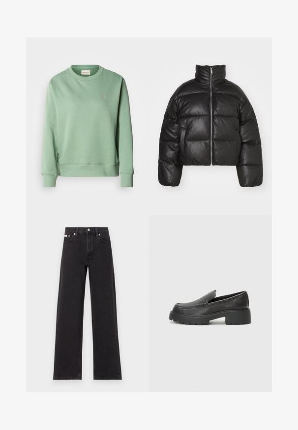 Giacca a vento nera cropped in pelle liscia, con colletto alto, zip frontale e sezioni trapuntate gonfie.; Felpa verde menta con colletto a girocollo, maniche lunghe, polsini e orlo a coste. Presenta un piccolo logo ricamato sul petto.; Jeans neri a gamba larga in denim, con vita alta, styling a cinque tasche e chiusura con bottone metallico e cuciture a contrasto.; Mocassini in pelle nera con punta arrotondata, suola spessa e testurizzata, e minime cuciture. Design elegante senza lacci o parti metalliche visibili.