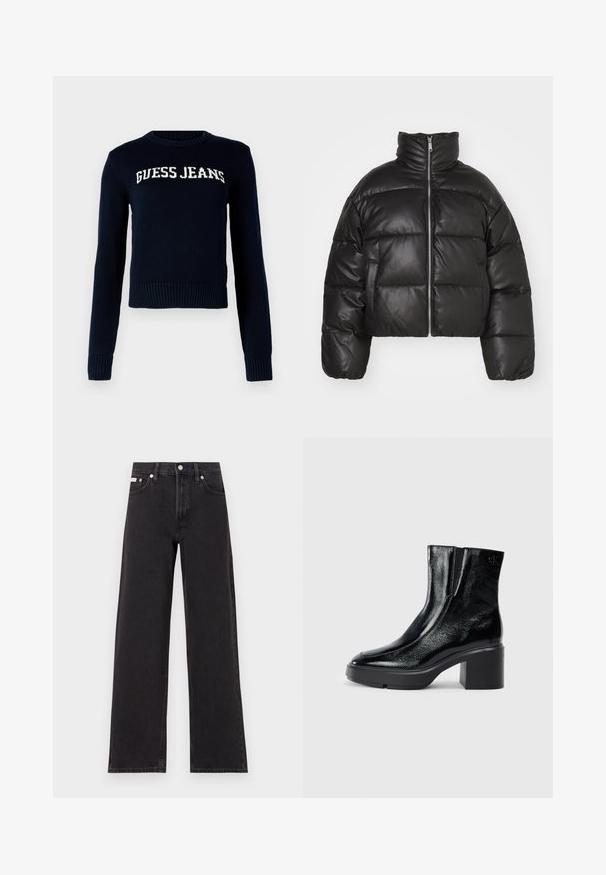 Black cropped puffer jacket made of smooth leather, featuring a high collar, front zipper, and puffed quilted sections.; Guess Jeans INTARSIA SWTR - Jumper - daring ocean; Black wide-leg jeans made of denim, featuring a high-rise waist, five-pocket styling, and a metal button closure with contrasting stitching.; Black patent leather ankle boots with a curved toe, elastic side panels, and a chunky block heel. Features embossed logo on the back.