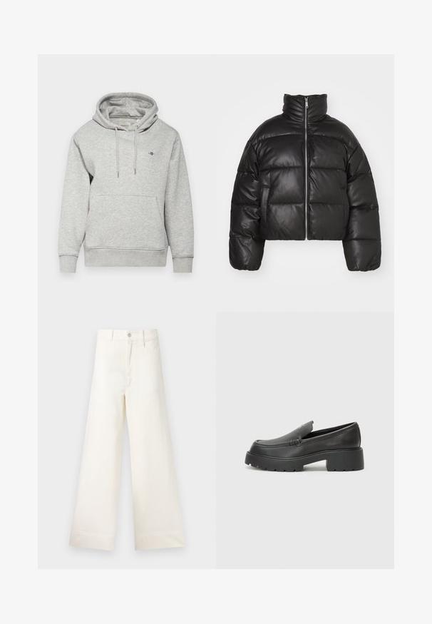 Čierna skrátená páperová bunda vyrobená z hladkej kože, s vysokým golierom, predným zipsom a vypchatými prešívanými sekciami.; GANT SHIELD HOODIE - Mikina - light grey melange; Široké nohavice z ľahkej béžovej bavlny. Majú vysoký pás, predné vrecká a rovný strih. Čisté ukončenie bez vzorov.; Čierne kožené mokasíny s okrúhlou špičkou, hrubou textúrovanou podrážkou a minimom stehovej výzdoby. Štíhly dizajn bez viditeľných šnúr alebo kovania.