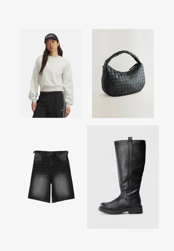 Czarna krótka kurtka pufowa z gładkiej skóry, z wysokim kołnierzem, przednim zamkiem błyskawicznym i wypchanymi, pikowanymi sekcjami.; Jasnoszara bluza z ribbingiem na mankietach i u podstawy, z małym białym logo na klatce piersiowej. Dopasowana do czarnych spodni sportowych z bocznymi paskami.; Czarne szorty dżinsowe z wybledzonym wykończeniem, pięcioma kieszeniami, zapięciem na guzik i paskiem. Materiał ma gładką teksturę.; Czarne botki do kolan wykonane z gładkiej skóry, z płaską podeszwą, posiadające szew boczny i małą pętelkę na górze ułatwiającą zakładanie.; Czarna pleciona torebka o zaokrąglonym kształcie, teksturowanej powierzchni i grubej, plecionej rączce. Posiada zamek błyskawiczny zapewniający bezpieczne przechowywanie.