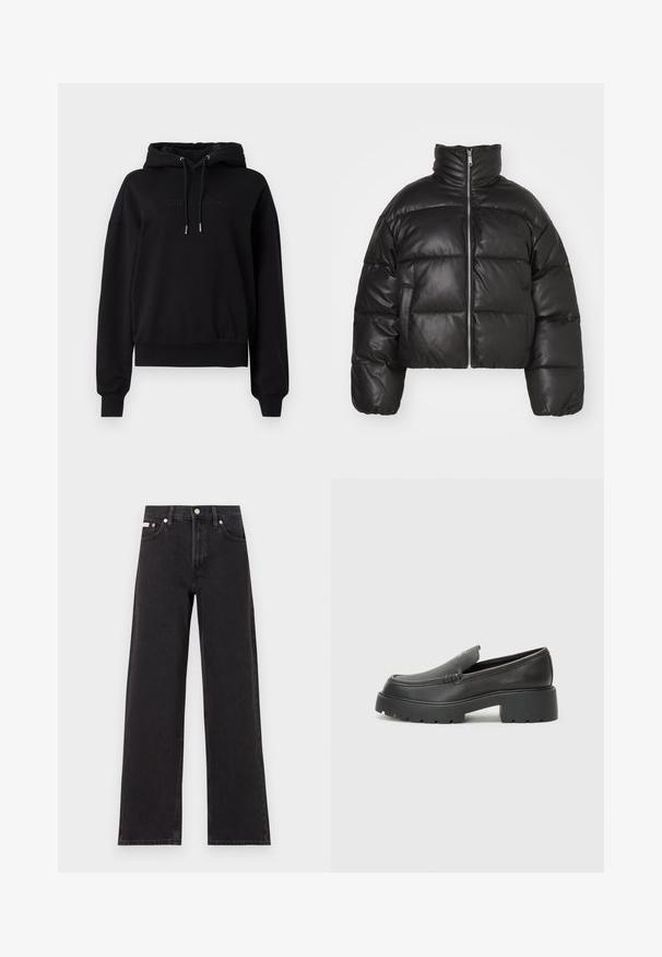 Černá zkrácená péřová bunda vyrobená z hladké kůže, s vysokým límcem, předním zipem a vypolstrovanými prošívanými částmi.; Černá mikina s kapucí vyrobená z měkké tkaniny, s šňůrkou na stažení kapuce, vroubkovanými manžetami a decentním embosovaným logem na přední straně.; Černé široké jeansy vyrobené z denimu, s vysokým pasem, pěti kapsami a kovovým zapínáním s kontrastním prošíváním.; Černé kožené mokasíny s okrouhlou špičkou, silnou strukturovanou podrážkou a minimálními detaily šití. Elegantní design bez viditelných tkaniček nebo kovových prvků.