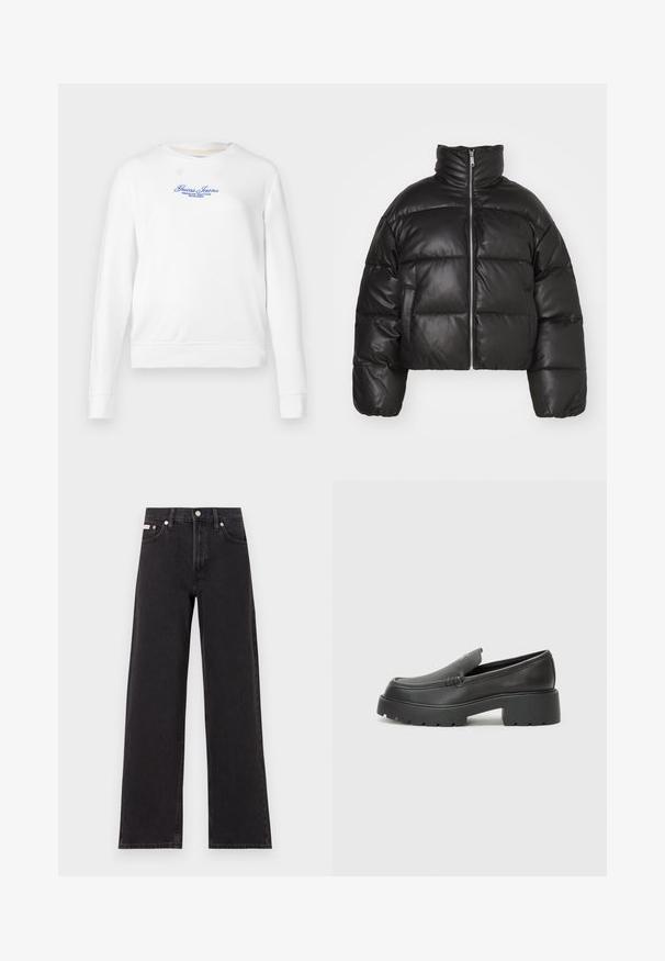 Čierna skrátená páperová bunda vyrobená z hladkej kože, s vysokým golierom, predným zipsom a vypchatými prešívanými sekciami.; Biela mikina s dlhými rukávmi, okrúhlym výstrihom, ribbovanými manžetami a lemom. Na prednej strane má modré výšivky s logom "Guess Jeans".; Čierne široké džínsy vyrobené z denimu, s vysokým pásom, piatimi vreckami a kovovým zapínaním s kontrastným šitím.; Čierne kožené mokasíny s okrúhlou špičkou, hrubou textúrovanou podrážkou a minimom stehovej výzdoby. Štíhly dizajn bez viditeľných šnúr alebo kovania.