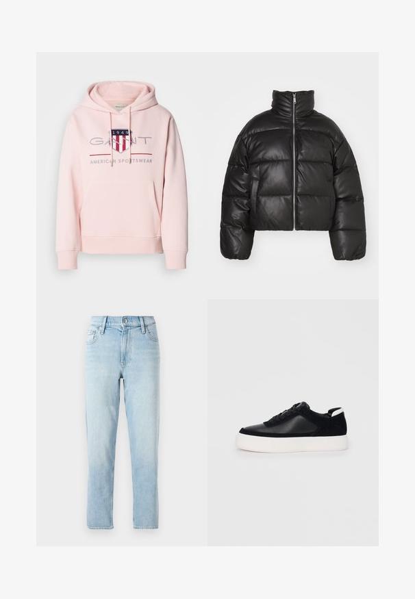 Schwarze, kurze Puffjacke aus glattem Leder mit hohem Kragen, Frontreißverschluss und gepufften, gesteppten Bereichen.; Rosa Kapuzenpullover aus weichem Stoff. Mit einer Fronttasche, Zugkordelkapuze und einem gestickten Logo mit roten und blauen Akzenten.; Hellblaue Jeans aus Denim, mit geradem Bein, mittelhoher Taille, fünf Taschen und einem Knopfverschluss vorne.; Schwarze Sneakers mit glattem Leder und Wildleder-Einsätzen, flachen Schnürsenkeln, runder Zehenpartie und einer weißen Gummisohle. Deutliches Logo an der Ferse.