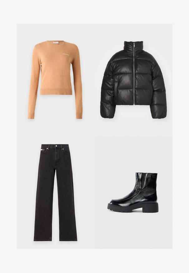 Sort cropped puffer jakke lavet af glat læder, med høj krave, frontlynlås og puffede quiltede sektioner.; Langærmet sweater i lys brun, med ribbet kant og manchetter, samt et lille hvidt logo på brystet. Blød, glat tekstur.; Sorte vidde jeans lavet af denim, med høj talje, fem-lomme stil og en metalknap lukning med kontrasterende syninger.; Sorte ankelstøvler med en blank patentlæderfinish, chunky sort gummisål og hævet hæl; inkluderer subtilt logodetalje på siden.