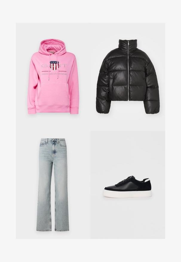 Čierna skrátená páperová bunda vyrobená z hladkej kože, s vysokým golierom, predným zipsom a vypchatými prešívanými sekciami.; GANT ARCHIVE SHIELD HOODIE - Mikina - candy pink; Vysoké džínsové nohavice svetlomodrej farby s širokým strihom, so piatimi vreckami a jemným vyblednutím na látke.; Čierne tenisky s hladkou kožou a semišovými panelmi, plochými šnúrkami, zaoblenou špičkou a bielou gumovou podrážkou. Výrazné logo na päte.