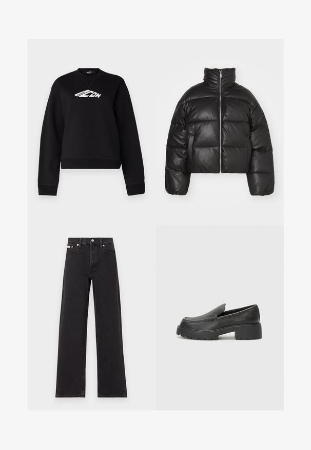 Giacca a vento nera cropped in pelle liscia, con colletto alto, zip frontale e sezioni trapuntate gonfie.; Felpa nera con scollo rotondo, maniche lunghe e design del logo bianco sul petto. Realizzata in un tessuto morbido e texture.; Jeans neri a gamba larga in denim, con vita alta, styling a cinque tasche e chiusura con bottone metallico e cuciture a contrasto.; Mocassini in pelle nera con punta arrotondata, suola spessa e testurizzata, e minime cuciture. Design elegante senza lacci o parti metalliche visibili.