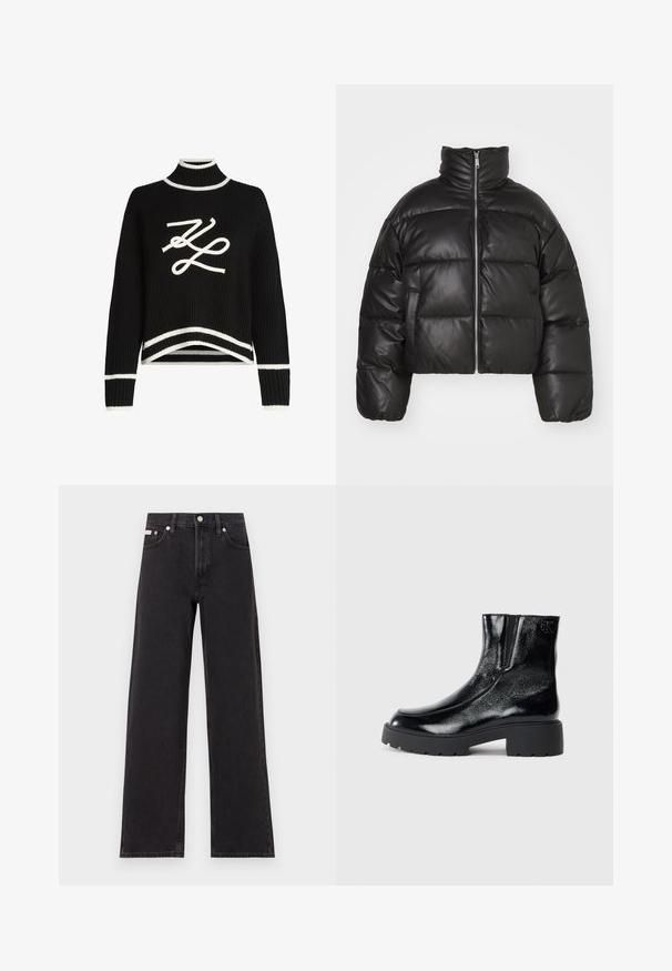 Černá zkrácená péřová bunda vyrobená z hladké kůže, s vysokým límcem, předním zipem a vypolstrovanými prošívanými částmi.; Černý pletený svetr s vysokým výstřihem, bílými akcenty na manžetách a lemu, s výraznou bílou grafikou loga na přední straně.; Černé široké jeansy vyrobené z denimu, s vysokým pasem, pěti kapsami a kovovým zapínáním s kontrastním prošíváním.; Černé kotníkové boty s lesklým lakovaným povrchem, robustní černou gumovou podešví a zvýšeným podpatkem; obsahují jemný logo detail na boku.