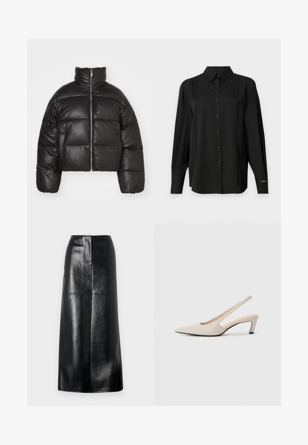 Sort cropped puffer jakke lavet af glat læder, med høj krave, frontlynlås og puffede quiltede sektioner.; Sort skjorte med knapper, lavet af glat stof, med en klassisk krave, lange ærmer og en skræddersyet pasform med diskrete skulderdetaljer.; Sort læder midi-nederdel med en glat tekstur, lige snit og en subtil glans. Har en simpel talje og ingen synlig hardware.; Beige lædersko med spids tå og slingback-design, der har udskæringer, 5 cm blokhæl og en glat tekstur. Sorte såler detaljer.
