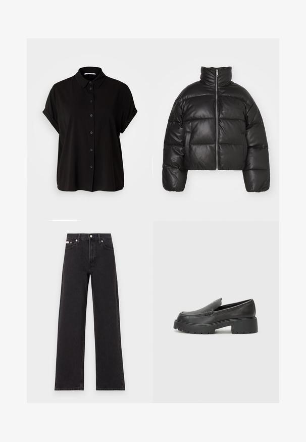 Black cropped puffer jacket made of smooth leather, featuring a high collar, front zipper, and puffed quilted sections.; Black short-sleeve shirt featuring a button-up front, collar, and rolled cuffs. Made of smooth fabric with a relaxed fit.; Black wide-leg jeans made of denim, featuring a high-rise waist, five-pocket styling, and a metal button closure with contrasting stitching.; Black leather loafers with a rounded toe, thick textured sole, and minimal stitching details. Sleek design with no visible laces or hardware.