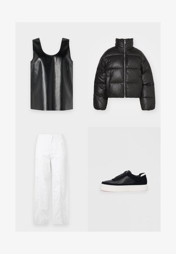 Veste puffer noire courte en cuir lisse, avec un col montant, une fermeture éclair sur le devant et des sections matelassées gonflées.; Top sans manches noir en matériau brillant et texturé, avec un col rond et des poches latérales, arborant un design minimaliste.; Pantalons larges blancs en tissu léger, présentant une texture lisse, des lignes épurées et une taille haute.; Sneaker noir avec des panneaux en cuir lisse et en daim, lacets plats, bout rond et semelle en caoutchouc blanche. Logo distinct au niveau du talon.