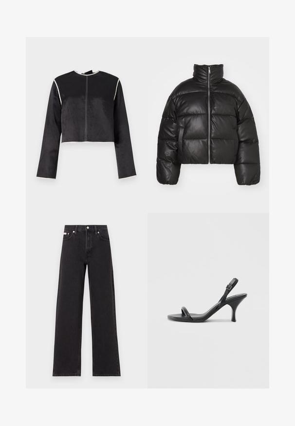 Black cropped puffer jacket made of smooth leather, featuring a high collar, front zipper, and puffed quilted sections.; Cropped black satin top with long sleeves, white piping along the neckline and sleeves, and a central seam down the front.; Black wide-leg jeans made of denim, featuring a high-rise waist, five-pocket styling, and a metal button closure with contrasting stitching.; Black leather high-heeled sandals with a slim, curved heel and a crossed strap design. Adjustable ankle strap. Smooth texture.