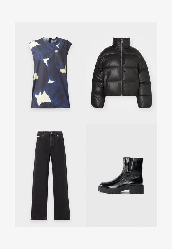 Casaco puffer preto, cropped, feito de pele lisa, com colarinho alto, fecho de correr à frente e seções acolchoadas em volume.; Top azul-marinho com padrões abstratos em amarelo claro e branco. Apresenta um decote arredondado e um pequeno bolso frontal.; Jeans de perna larga pretos feitos de denim, apresentando uma cintura alta, estilo de cinco bolsos e um fecho em botão de metal com costura contrastante.; Botas de tornozelo pretas com acabamento em pele envernizada brilhante, sola de borracha preta robusta e salto elevado; inclui um detalhe discreto do logótipo na lateral.