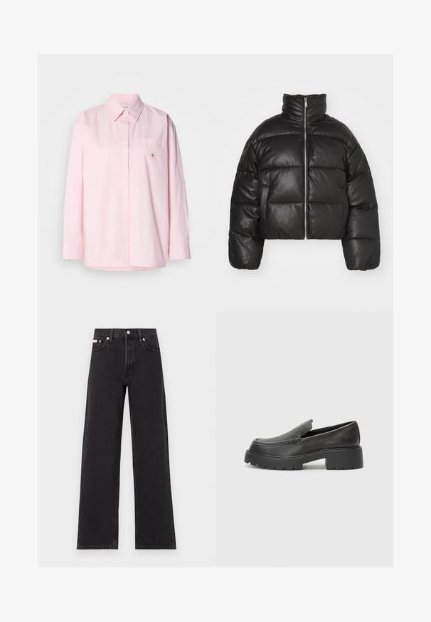 Casaco puffer preto, cropped, feito de pele lisa, com colarinho alto, fecho de correr à frente e seções acolchoadas em volume.; Camisa de botão de manga longa rosa claro em algodão. Apresenta um colarinho, bolso frontal e um pequeno logótipo no peito.; Jeans de perna larga pretos feitos de denim, apresentando uma cintura alta, estilo de cinco bolsos e um fecho em botão de metal com costura contrastante.; Mocassins de couro preto com bico arredondado, sola espessa e texturizada, e detalhes de costura minimalistas. Design elegante sem atacadores ou ferragens visíveis.