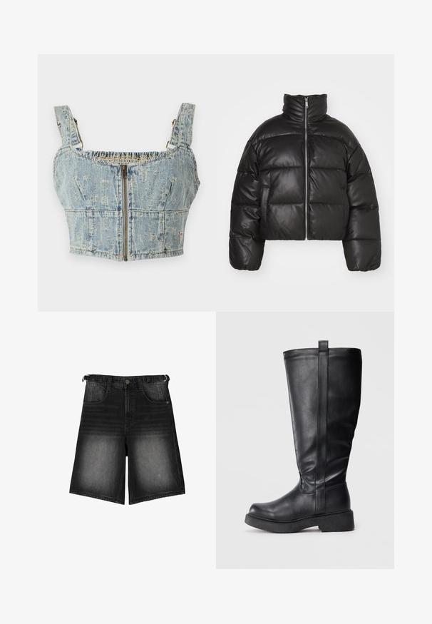 Čierna skrátená páperová bunda vyrobená z hladkej kože, s vysokým golierom, predným zipsom a vypchatými prešívanými sekciami.; Džínový crop top so svetlomodrým umývaním, obsahuje zipsové zapínanie, smockovanú zadnú časť a široké ramienka. Detaily obsahujú prešívanie a mierne opotrebenie.; Čierne deninové šortky s vyblednutým povrchom, piatimi vreckami, zapínaním na gombík a pútkami na opasok. Tkanina má hladkú štruktúru.; Čierne knie-high čižmy vyrobené z hladkej kože s plochou podrážkou, s bočnými švom a malou pútkom na vrchu pre jednoduché obúvanie.