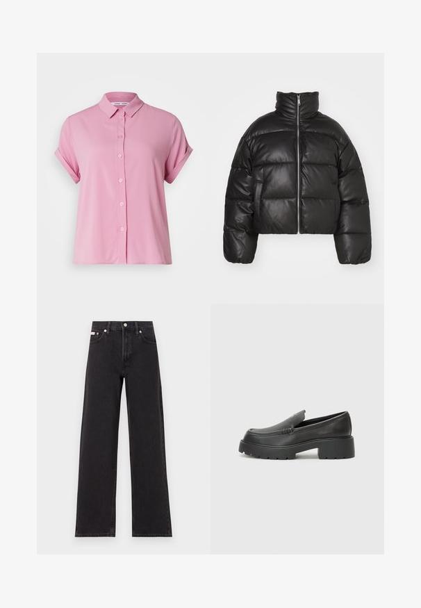 Casaco puffer preto, cropped, feito de pele lisa, com colarinho alto, fecho de correr à frente e seções acolchoadas em volume.; Samsøe Samsøe MAJAN SS - Blusa com botões - pink; Jeans de perna larga pretos feitos de denim, apresentando uma cintura alta, estilo de cinco bolsos e um fecho em botão de metal com costura contrastante.; Mocassins de couro preto com bico arredondado, sola espessa e texturizada, e detalhes de costura minimalistas. Design elegante sem atacadores ou ferragens visíveis.