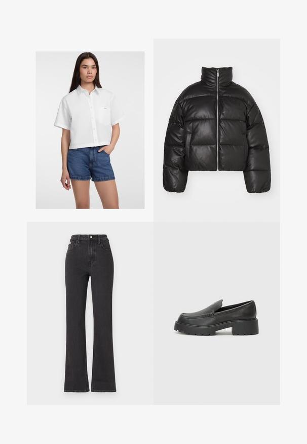 Schwarze, kurze Puffjacke aus glattem Leder mit hohem Kragen, Frontreißverschluss und gepufften, gesteppten Bereichen.; Weißes, kurzes Knopfhemd mit kurzen Ärmeln, ausgestattet mit einer linken Brusttasche und einer glatten Textur. Kombiniert mit Jeansshorts.; Schwarze, hochgeschnittene Schlagjeans aus Denim mit Knopfverschluss, Gürtelschlaufen und seitlichen Taschen. Glatte Textur mit minimaler Ausbleichung.; Schwarze Lederloafer mit einer abgerundeten Spitze, dicker strukturierten Laufsohle und minimalen Nähten. Schlankes Design ohne sichtbare Schnürsenkel oder Beschläge.