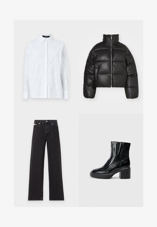 Casaco puffer preto, cropped, feito de pele lisa, com colarinho alto, fecho de correr à frente e seções acolchoadas em volume.; Camisa branca de botão, com um padrão de script texturizado, colarinho clássico, mangas longas e uma bainha reta. Feita de um tecido leve.; Jeans de perna larga pretos feitos de denim, apresentando uma cintura alta, estilo de cinco bolsos e um fecho em botão de metal com costura contrastante.; Botas de tornozelo de verniz preto com ponta curva, painéis laterais elásticos e um salto quadrado robusto. Apresenta um logotipo em relevo na parte de trás.