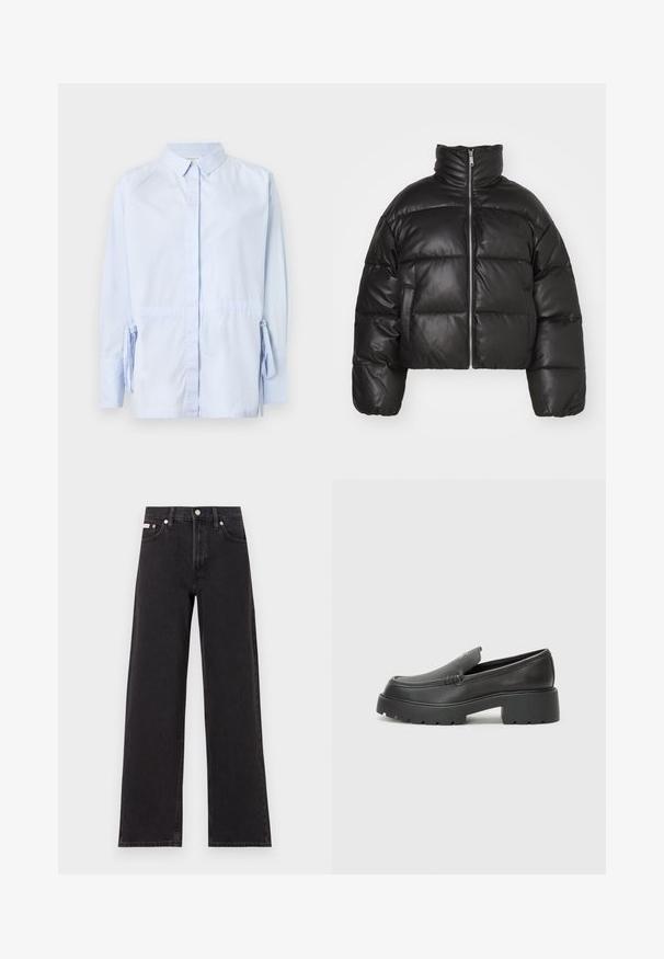 Giacca a vento nera cropped in pelle liscia, con colletto alto, zip frontale e sezioni trapuntate gonfie.; Camicia azzurro chiaro in cotone. Presenta maniche lunghe con fiocchi ai polsi e colletto classico. Texture liscia.; Jeans neri a gamba larga in denim, con vita alta, styling a cinque tasche e chiusura con bottone metallico e cuciture a contrasto.; Mocassini in pelle nera con punta arrotondata, suola spessa e testurizzata, e minime cuciture. Design elegante senza lacci o parti metalliche visibili.
