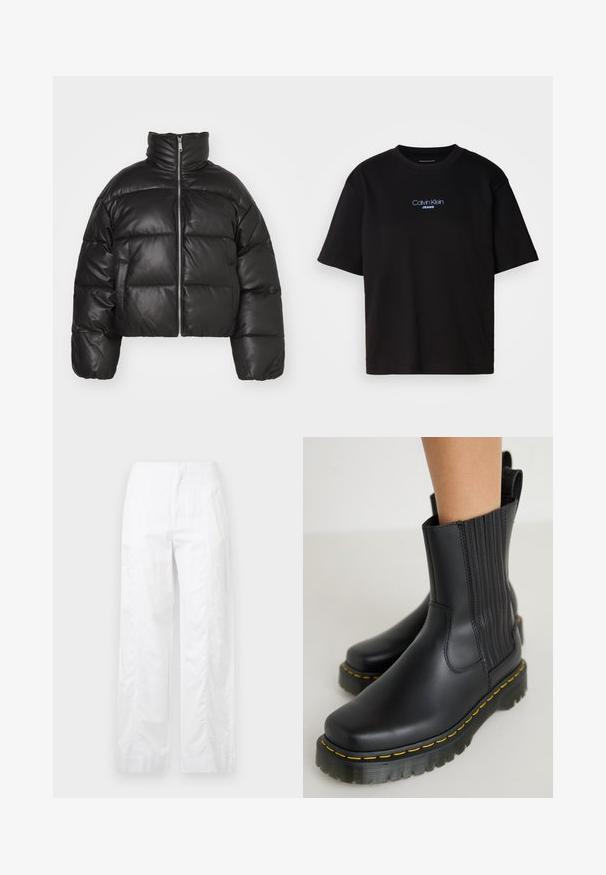 Casaco puffer preto, cropped, feito de pele lisa, com colarinho alto, fecho de correr à frente e seções acolchoadas em volume.; T-shirt preta de algodão com gola redonda, mangas curtas e logo bordado azul "Calvin Klein JEANS" na parte da frente.; Calças brancas de perna larga feitas de um tecido leve, com uma textura suave, linhas limpas e um design de cintura alta.; Botas de tornozelo pretas com um acabamento suave e mate. Apresentam costura vertical, uma sola robusta com costura amarela e uma alça na parte de trás.