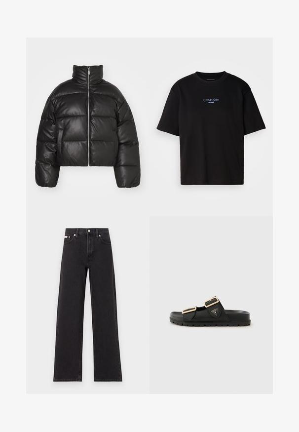 Čierna skrátená páperová bunda vyrobená z hladkej kože, s vysokým golierom, predným zipsom a vypchatými prešívanými sekciami.; Čierne bavlnené tričko s okrúhlym výstrihom, krátkymi rukávmi a modrým vyšívaným logom "Calvin Klein JEANS" na prednej strane.; Čierne široké džínsy vyrobené z denimu, s vysokým pásom, piatimi vreckami a kovovým zapínaním s kontrastným šitím.; Čierne sklzné sandále s dvoma nastaviteľnými popruhmi, zlatými prackami, textúrovaným gumovým vrchom a hrubou textúrovanou podrážkou. Logo zobrazené na boku.