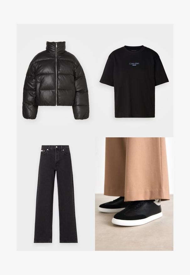 Must must kaelus, esitatud sileda nahast, millel on lukk ees ja puffitatud tikitud sektsioonid.; Mustmust särk ümmarguse kaelusega, lühikeste varrukatega ja sinise tikandiga "Calvin Klein JEANS" logo ees.; Mustad laiad mustad teksad, millel on kõrge vöökoht, viie tasku stiil ja metallist nööpkinnitus kontrastsete õmblustega.; Mustad ja hallid spordijalatsid sileda nahast pealispinnaga ja pehme sametiste aktsentidega; valge kummitald; kantud beežide avarate pükstega.