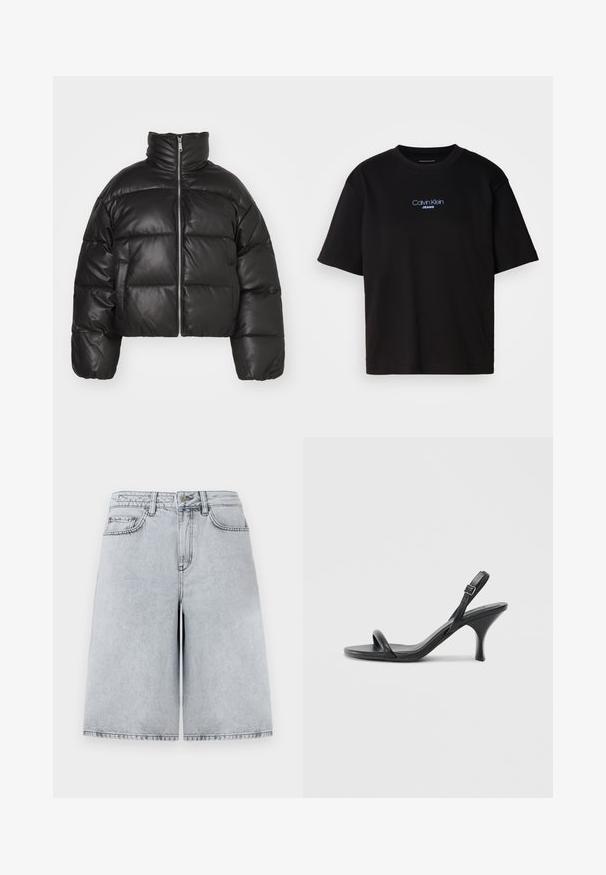 Černá zkrácená péřová bunda vyrobená z hladké kůže, s vysokým límcem, předním zipem a vypolstrovanými prošívanými částmi.; Černé bavlněné tričko s kulatým výstřihem a krátkými rukávy, s modrou vyšitou nášivkou "Calvin Klein JEANS" na přední straně.; Světle šedé džíny šortky s uvolněným střihem, vysokým pasem, pěti kapsami a rovným střihem. Čisté, minimalistické detaily šití.; Černé kožené sandály na vysokém podpatku s úzkým, zakřiveným podpatkem a designem s překříženými popruhy. Nastavitelný pásek kolem kotníku. Hladký povrch.